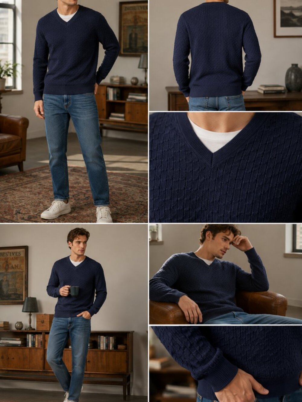 Tommy Hilfiger Mens Cable Knit Sweater M Navy V Neck Preppy Y2K Classic